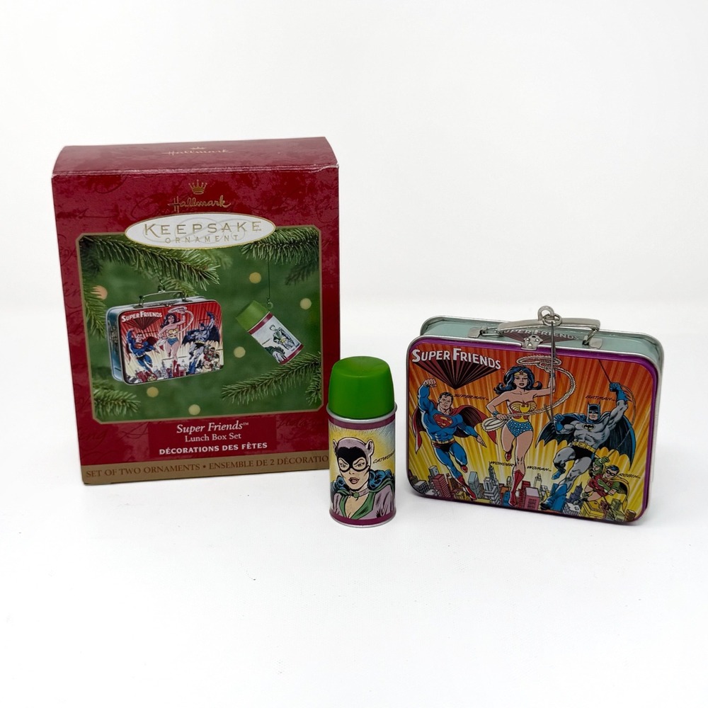 2000 Hallmark Keepsake Super Friends Lunch Box Thermos Ornament Set DC Comics